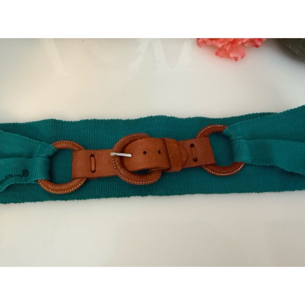 80s Hand Painted 3"‎ Waist Belt Teal Fish Multi Handmade Leather Buckle M/L 30" - Picture 6 of 16